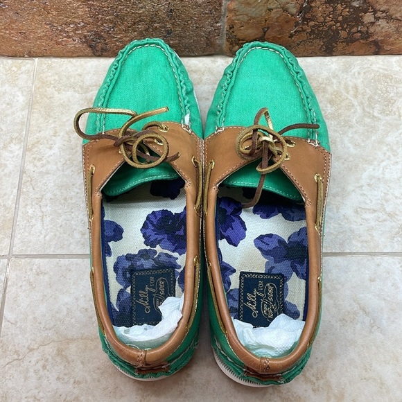 Milly for Sperry Top-Sider Green Canvas & Tan Leather Boat Shoes Sz 9 Slip-On - Picture 4 of 15